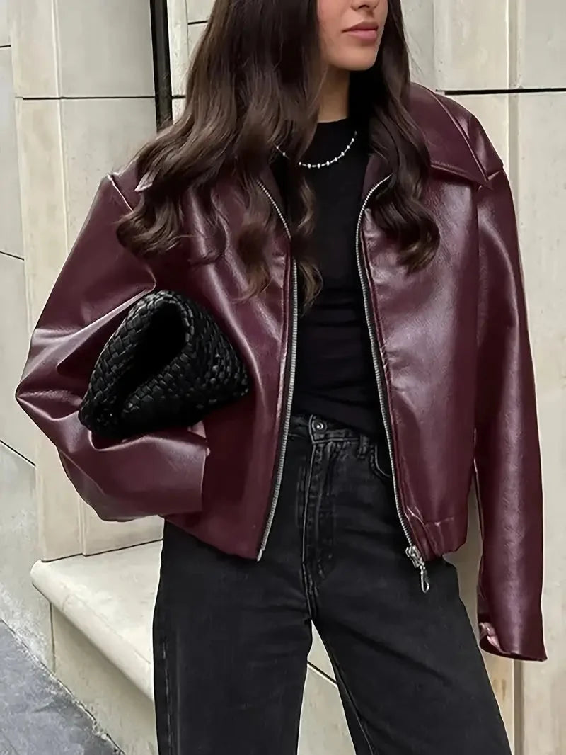 Burgundy Bomber Jacket Women - Oversized Zip Front — original product photo