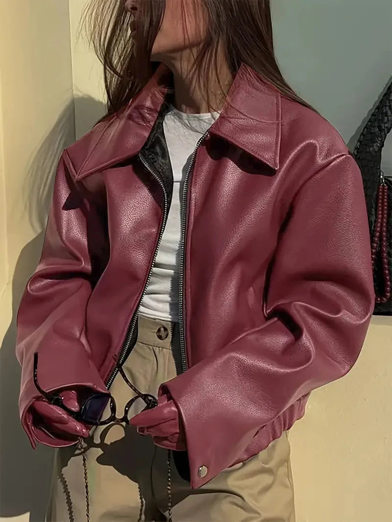 Burgundy Bomber Jacket Women - Oversized Zip Front — original product photo