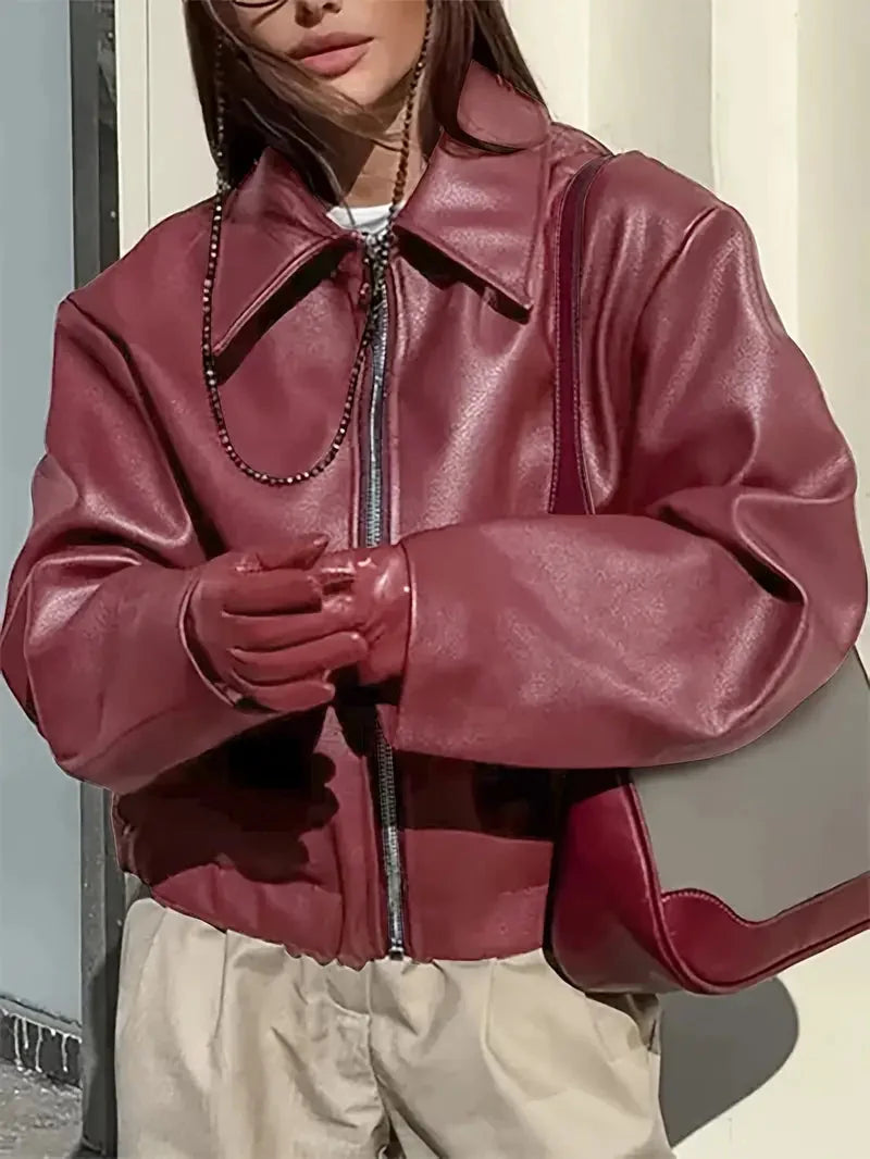 Burgundy Bomber Jacket Women - Oversized Zip Front — original product photo