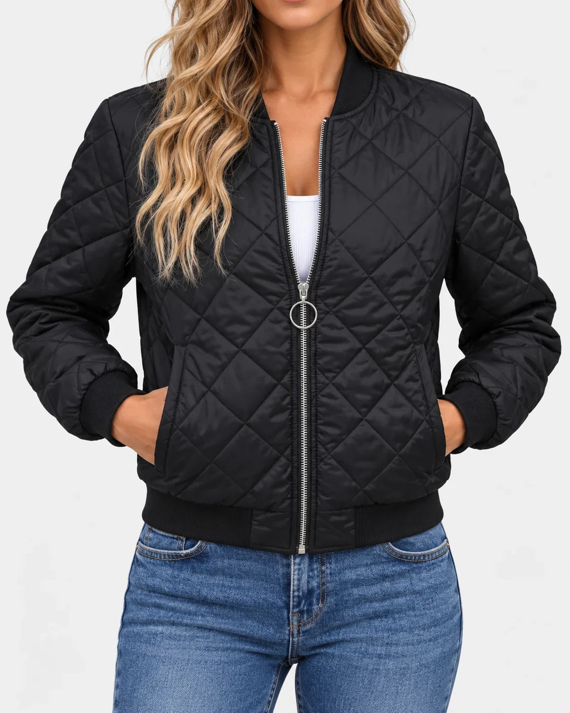 Black Bomber Jacket Women - Diamond Quilted Zip Front — first photo