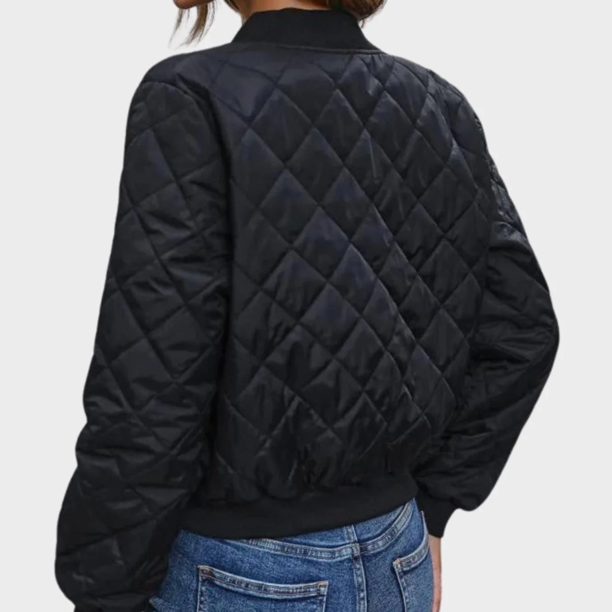 Black Bomber Jacket Women - Diamond Quilted Zip Front — product view 2