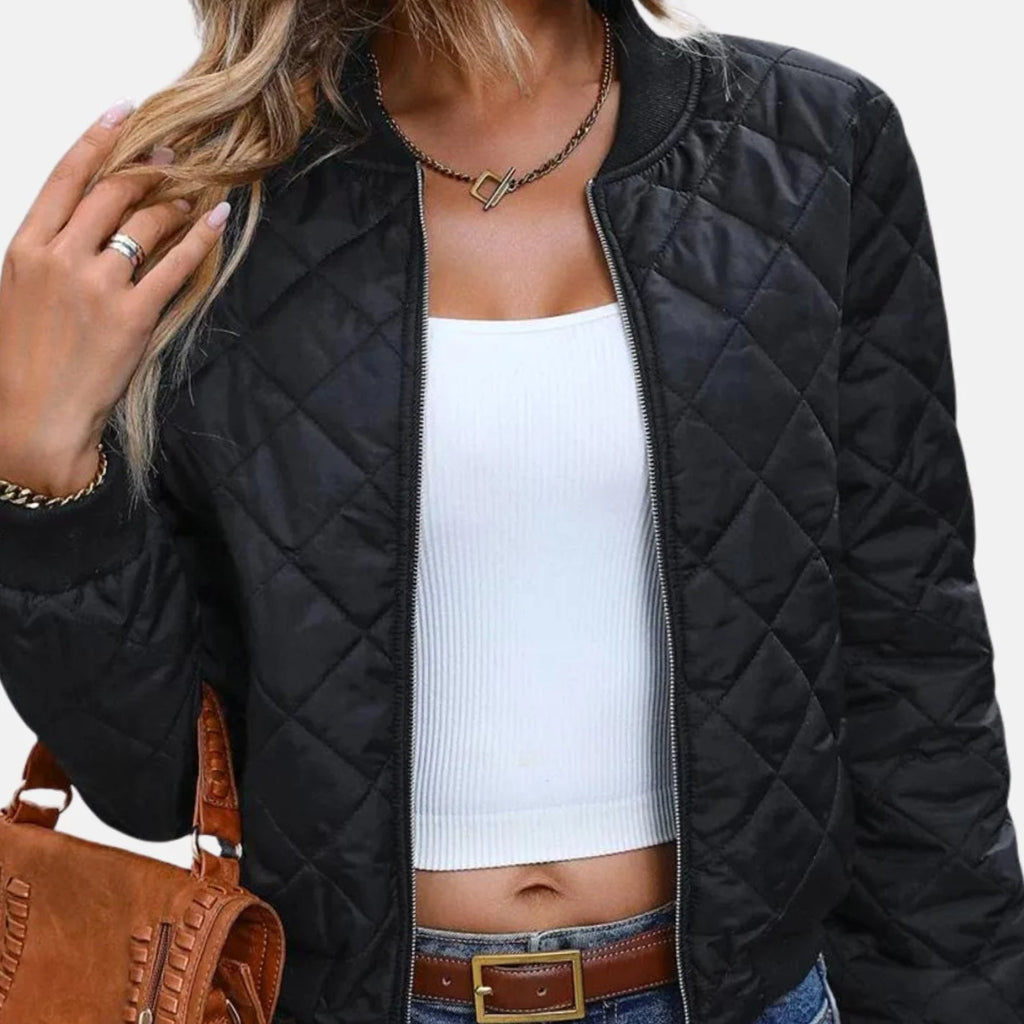 Black Bomber Jacket Women - Diamond Quilted Zip Front — original product photo