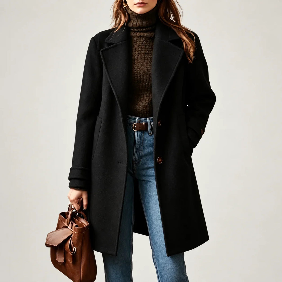 Black Wool Blend Coat Women - Retro Lapel — first photo