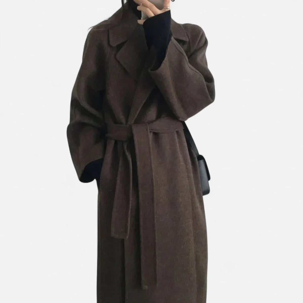 Long Wool Blend Coat Women - Beige Belted Wrap — original product photo