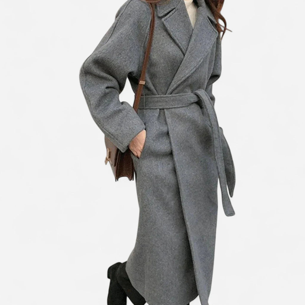 Long Wool Blend Coat Women - Beige Belted Wrap — original product photo