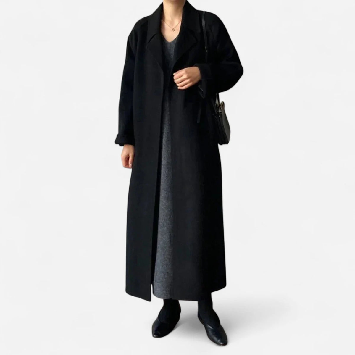 Long Wool Blend Coat Women - Beige Belted Wrap — original product photo