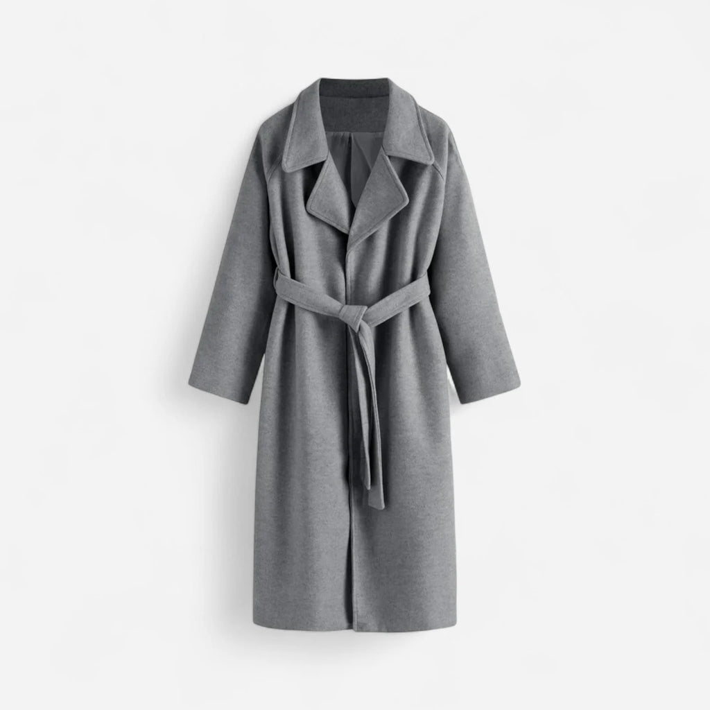 Long Wool Blend Coat Women - Beige Belted Wrap — original product photo