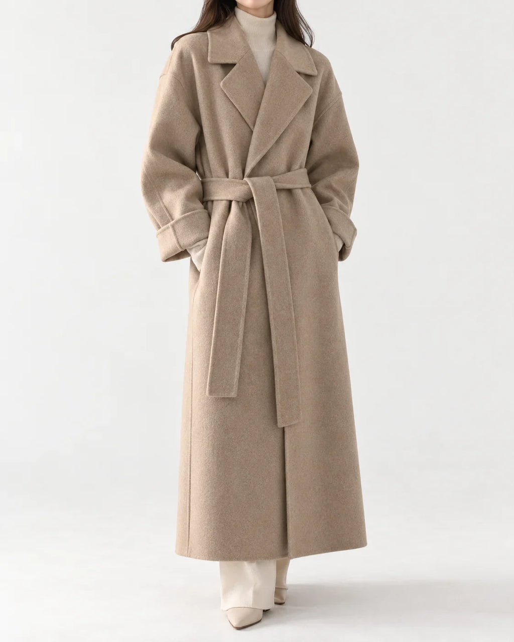 Long Wool Blend Coat Women - Beige Belted Wrap — first photo