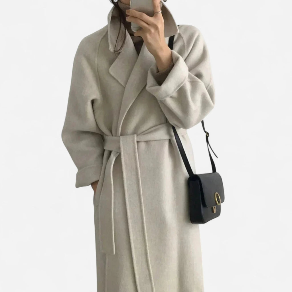 Long Wool Blend Coat Women - Beige Belted Wrap — product view 2