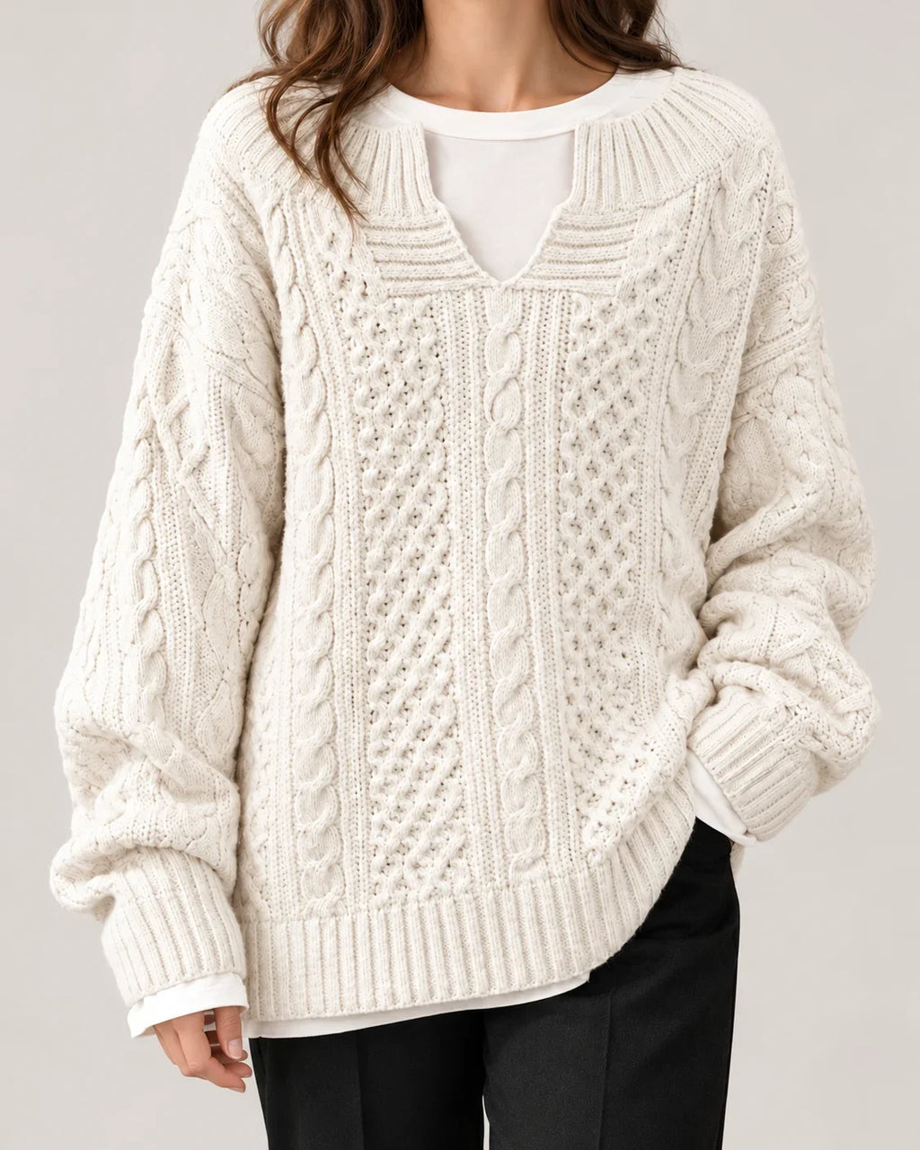 Cable Knit Sweater Women - Cream Split Neck — first photo