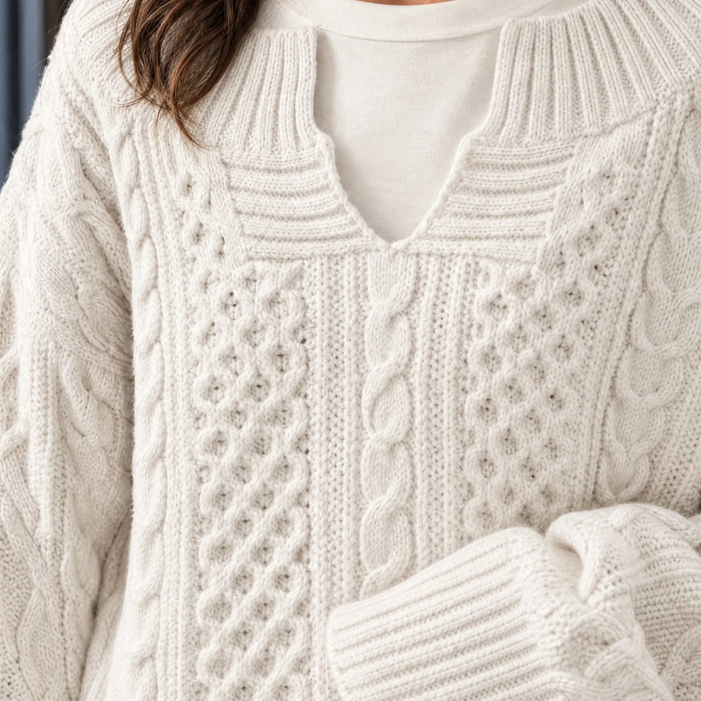 Cable Knit Sweater Women - Cream Split Neck — product view 2