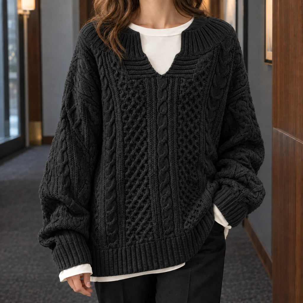Cable Knit Sweater Women - Cream Split Neck — original product photo
