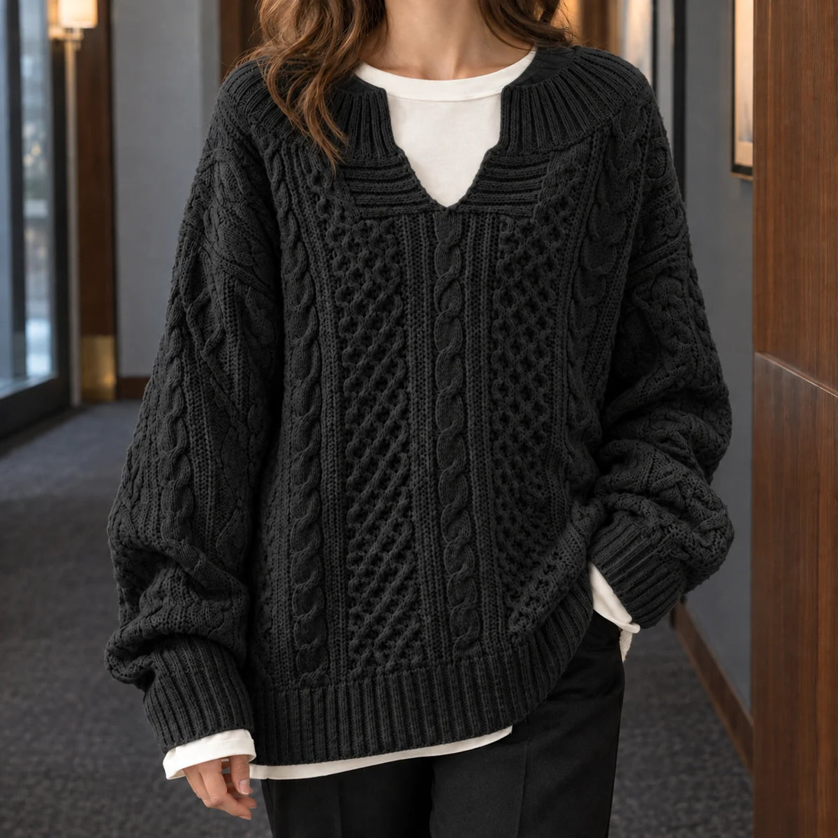 Cable Knit Sweater Women - Cream Split Neck — original product photo
