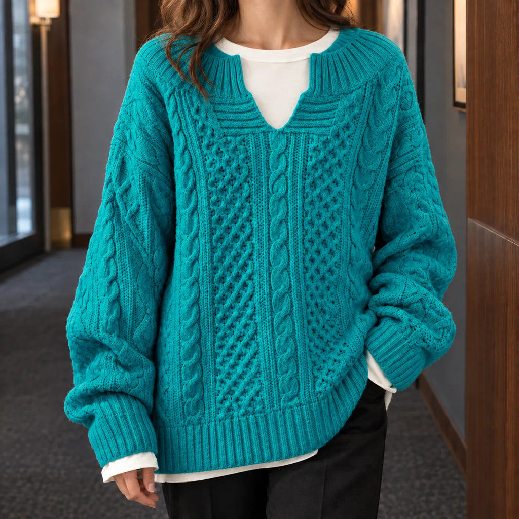 Cable Knit Sweater Women - Cream Split Neck — original product photo