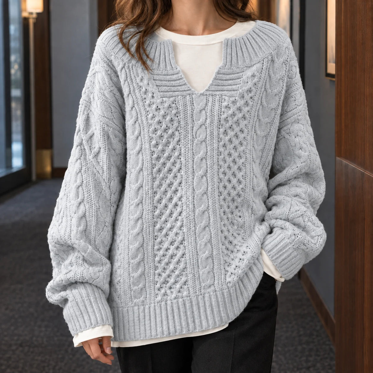 Cable Knit Sweater Women - Cream Split Neck — original product photo
