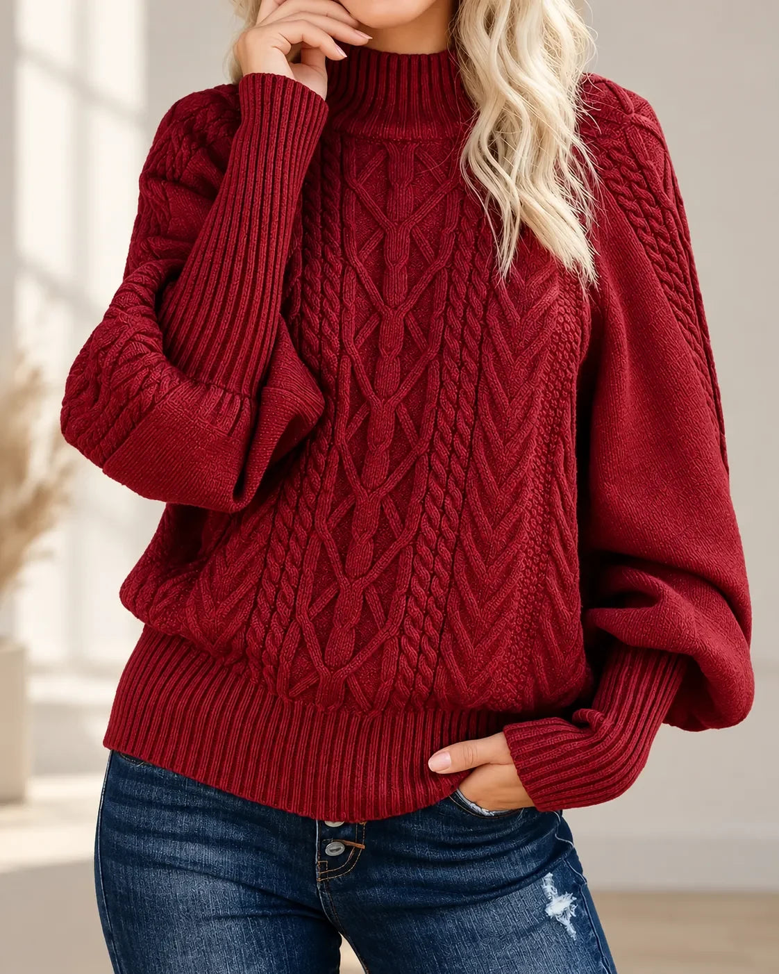 Cable Knit Sweater Women - Burgundy Balloon Sleeve — first photo