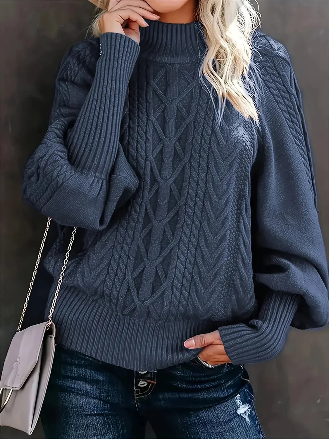 Cable Knit Sweater Women - Burgundy Balloon Sleeve — original product photo