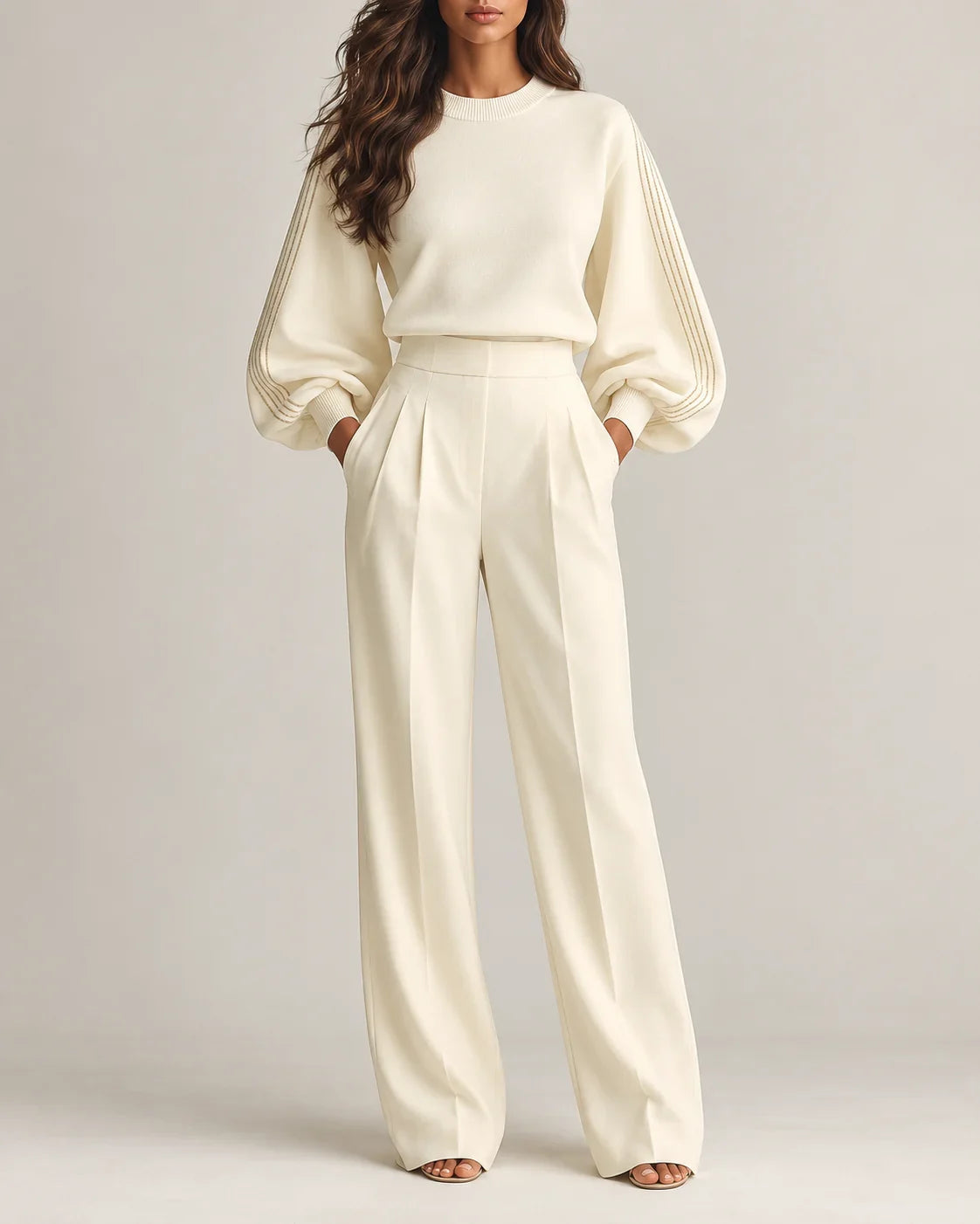 Ivory Knit Pants Set Women - Wide Leg Balloon Sleeve — first photo