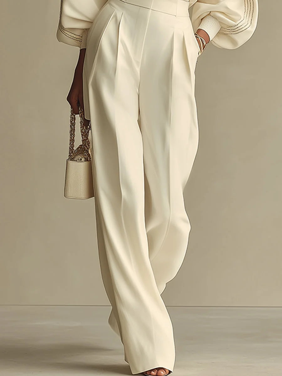 Ivory Knit Pants Set Women - Wide Leg Balloon Sleeve — product view 3