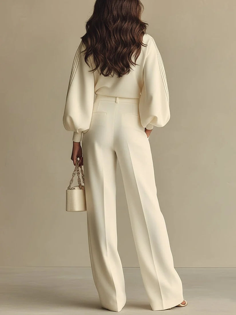 Ivory Knit Pants Set Women - Wide Leg Balloon Sleeve — product view 4