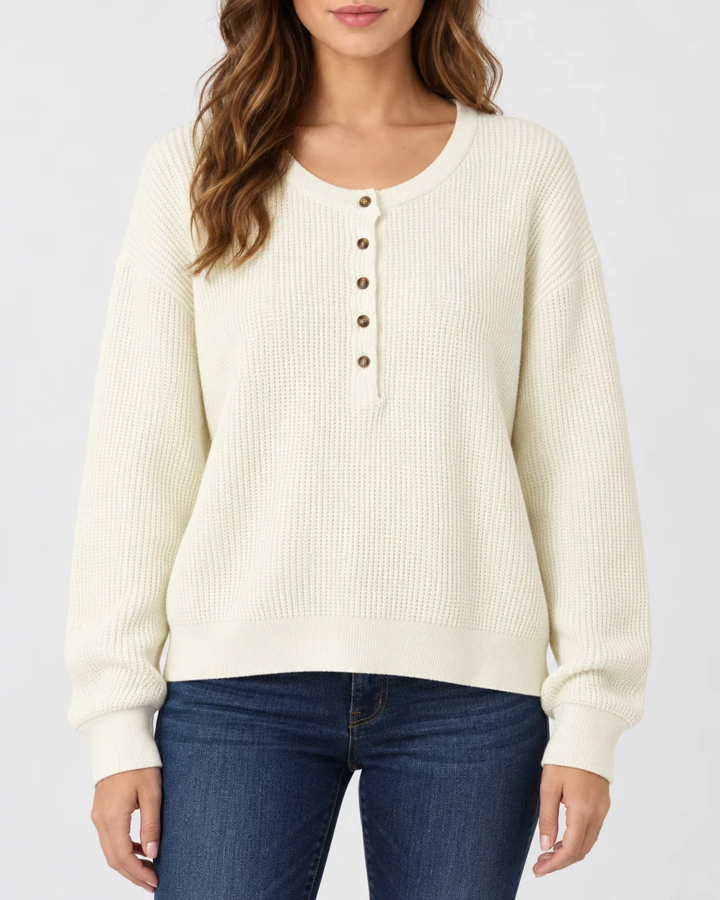 Cream Knit Henley Women - Waffle Knit Button Front — first photo
