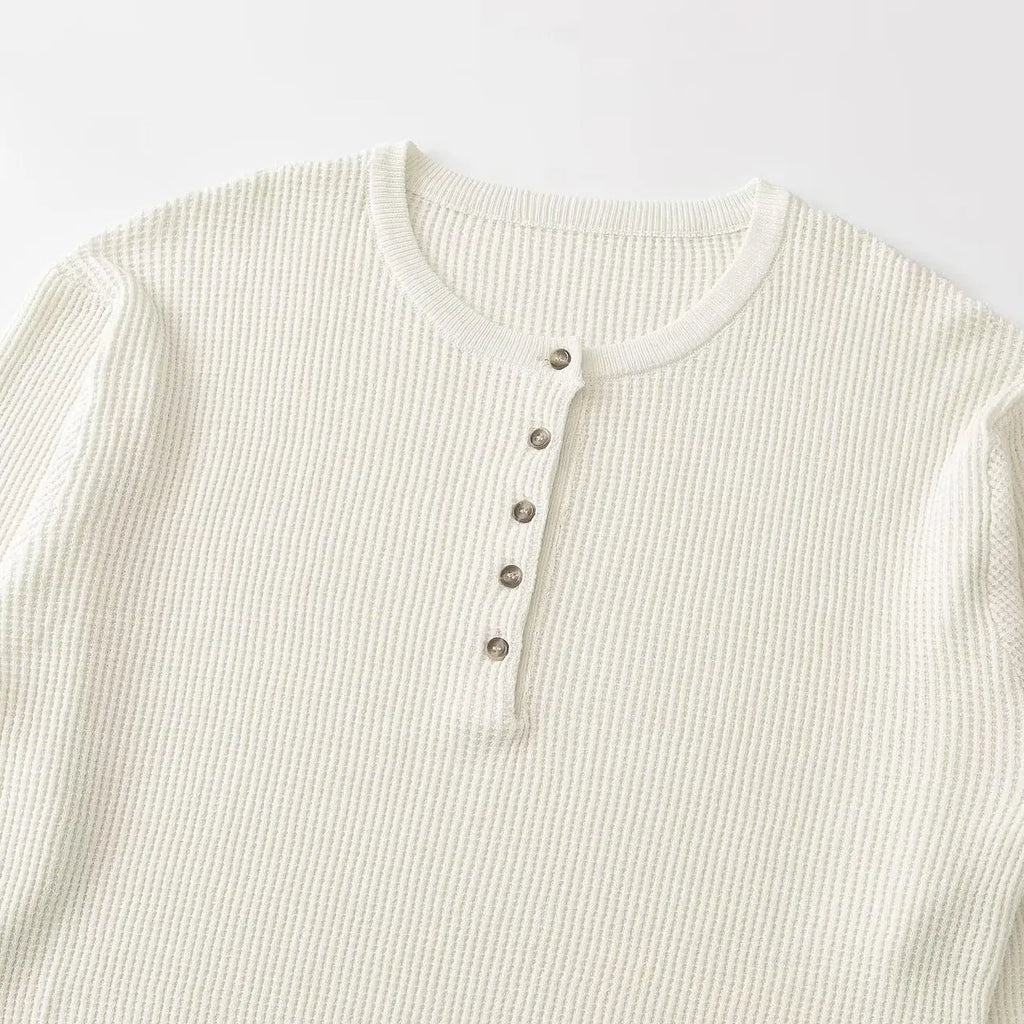 Cream Knit Henley Women - Waffle Knit Button Front — product view 2