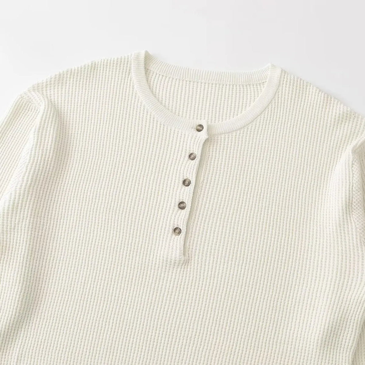 Cream Knit Henley Women - Waffle Knit Button Front — product view 2