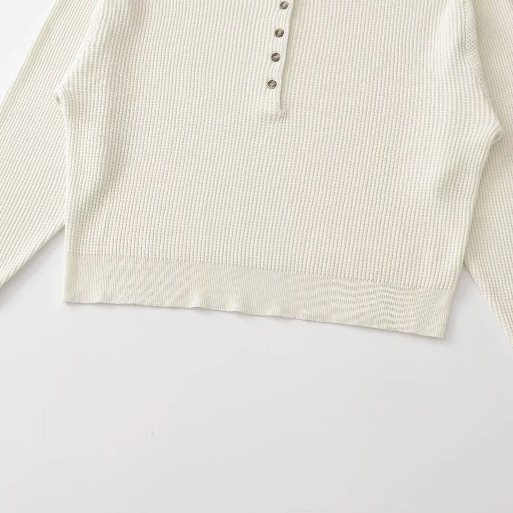 Cream Knit Henley Women - Waffle Knit Button Front — product view 3