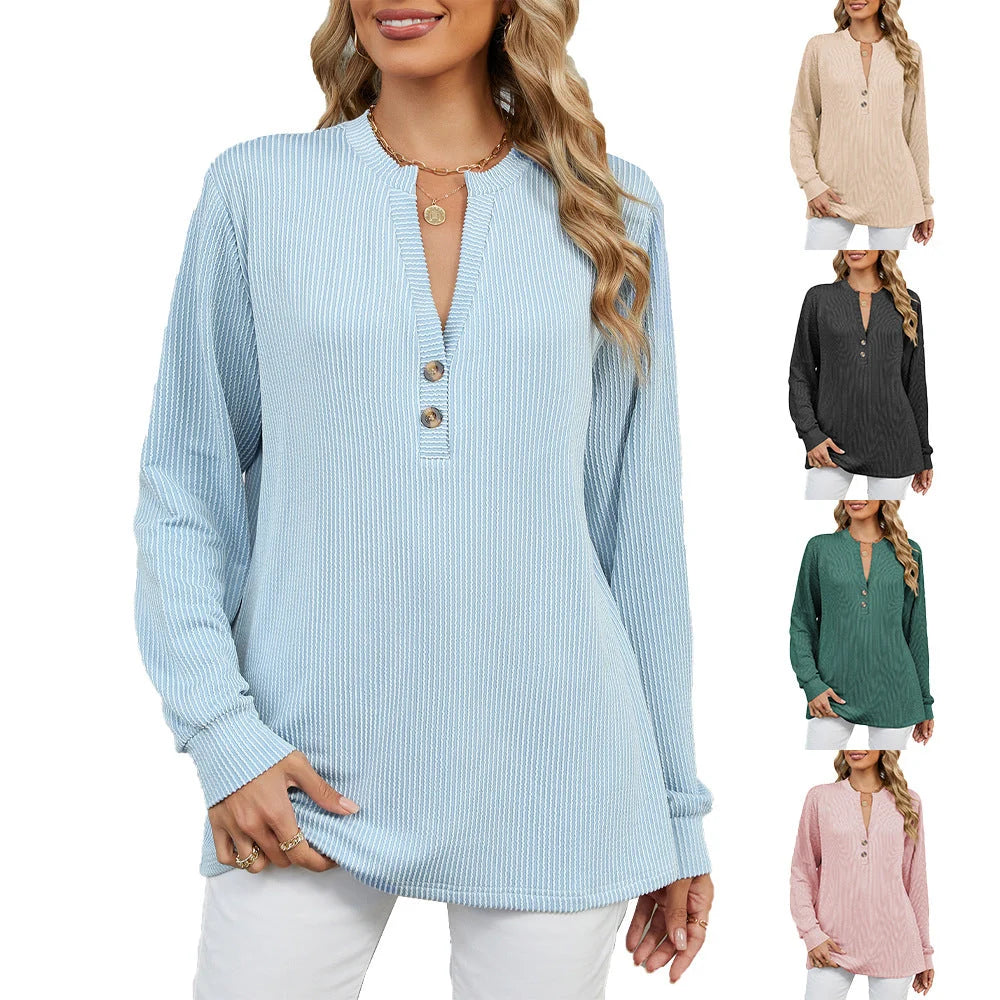 Green Knit Henley Women - Ribbed Long Sleeve Top — original product photo