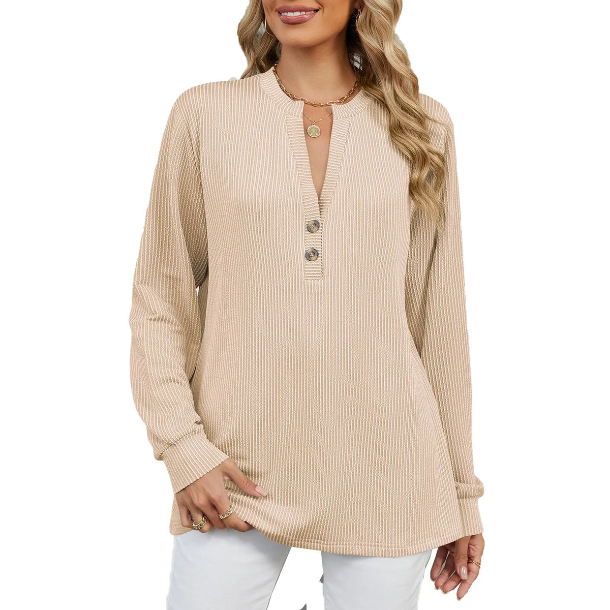 Green Knit Henley Women - Ribbed Long Sleeve Top — original product photo