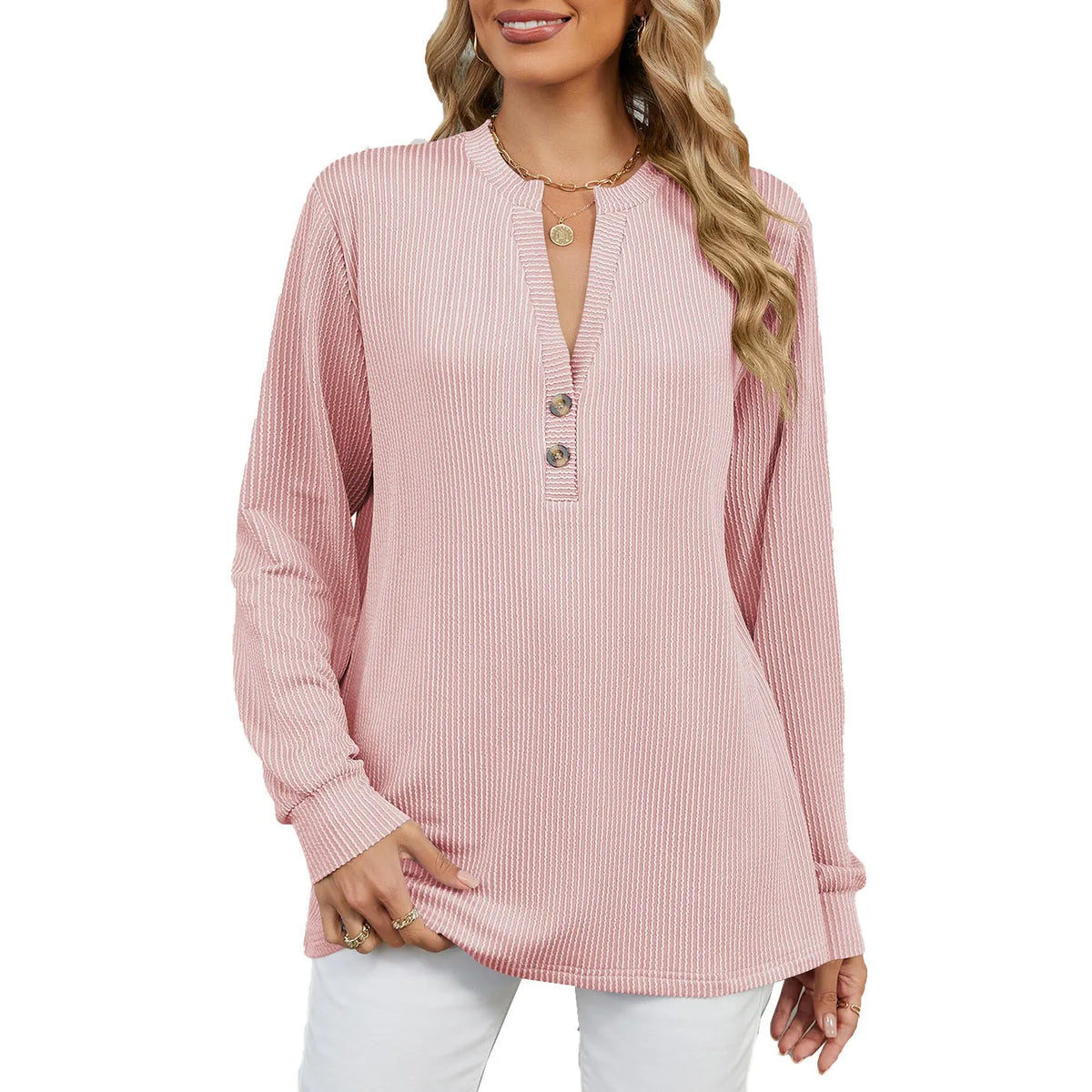 Green Knit Henley Women - Ribbed Long Sleeve Top — original product photo