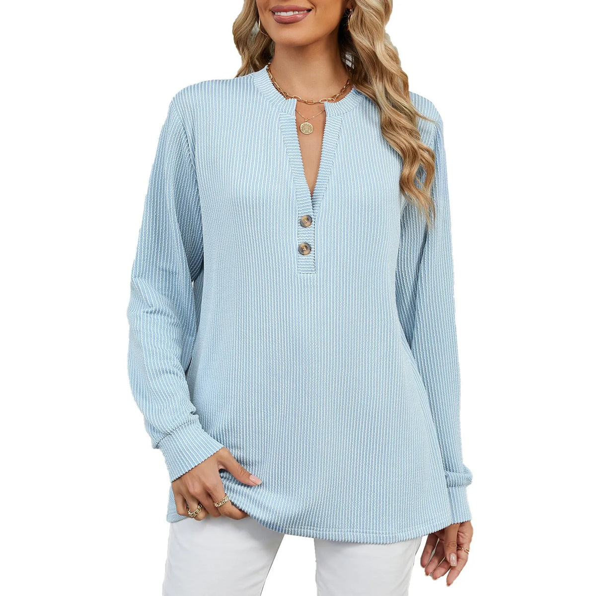 Green Knit Henley Women - Ribbed Long Sleeve Top — original product photo