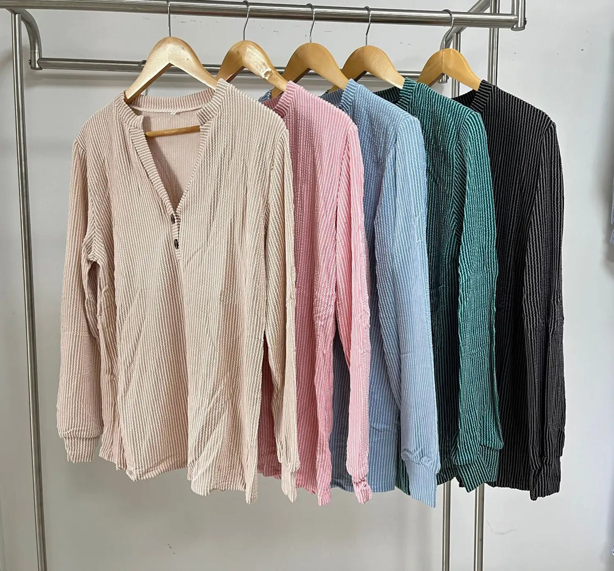 Green Knit Henley Women - Ribbed Long Sleeve Top — original product photo
