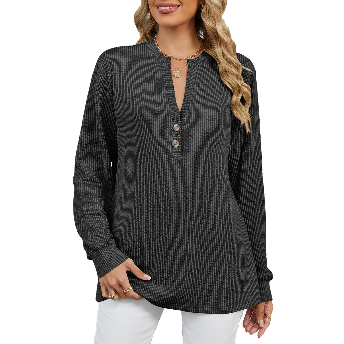 Green Knit Henley Women - Ribbed Long Sleeve Top — original product photo
