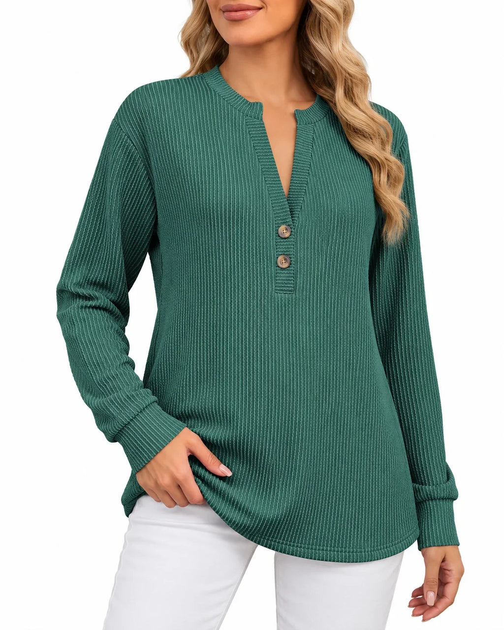Green Knit Henley Women - Ribbed Long Sleeve Top — first photo