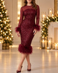 Holiday Party Dress - Burgundy Sequin Midi Long Sleeve — first photo