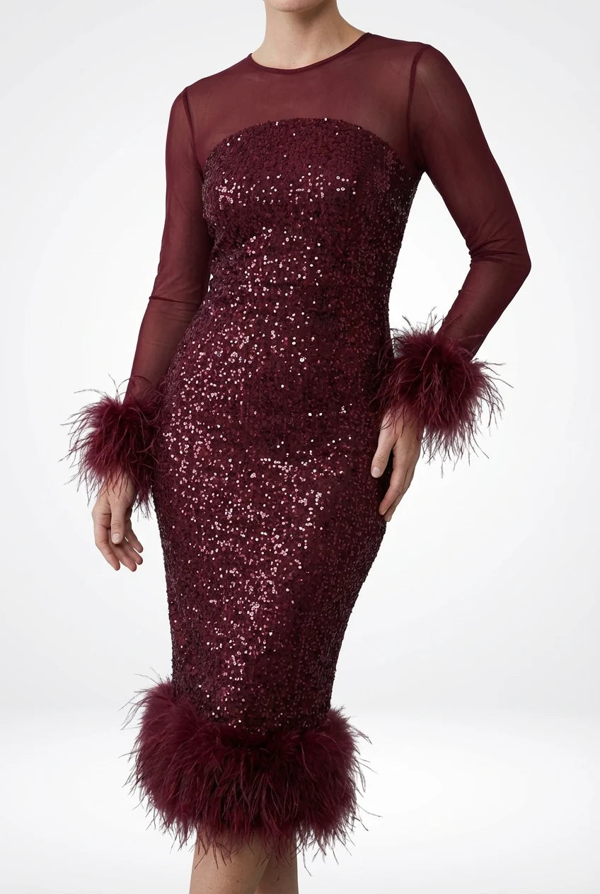 Holiday Party Dress - Burgundy Sequin Midi Long Sleeve — product view 2