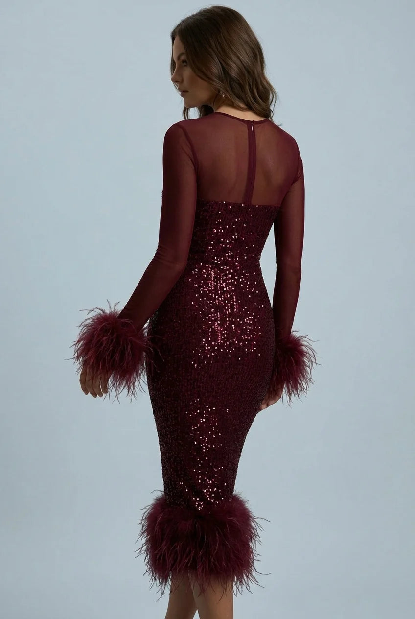 Holiday Party Dress - Burgundy Sequin Midi Long Sleeve — product view 3