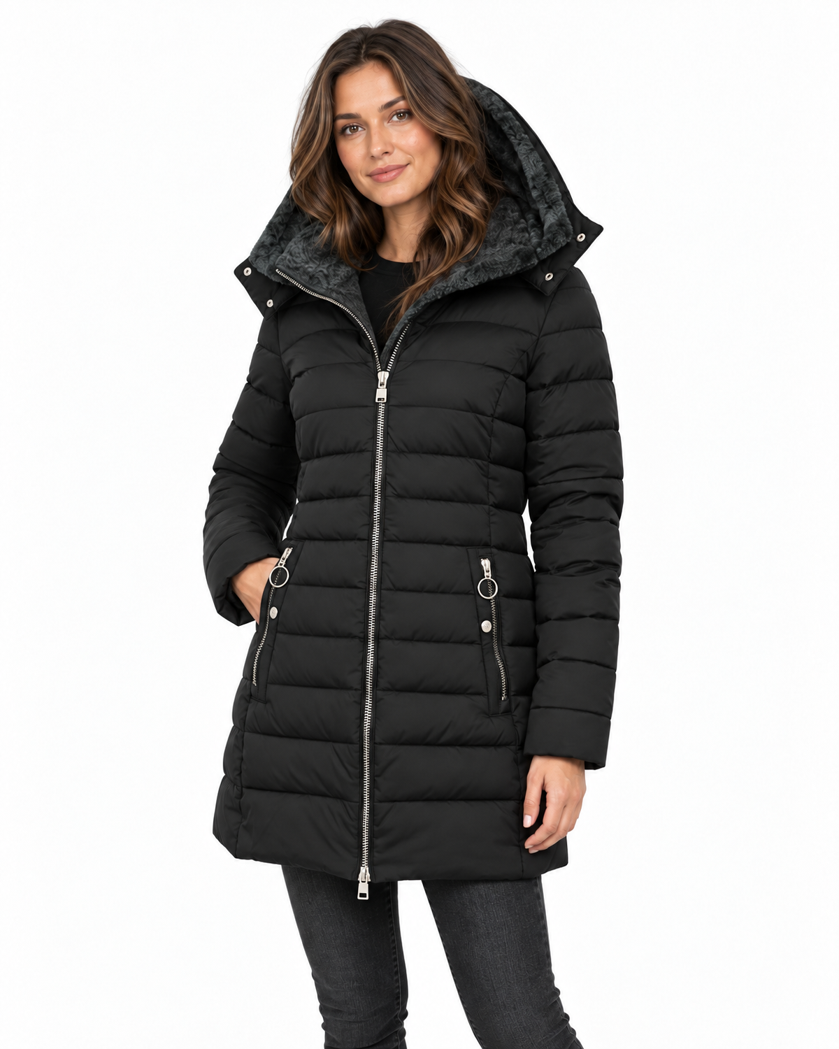 Henrietta Faux Fur Lined Puffer Coat for Women - Quilted Hooded Zip-Up additional view