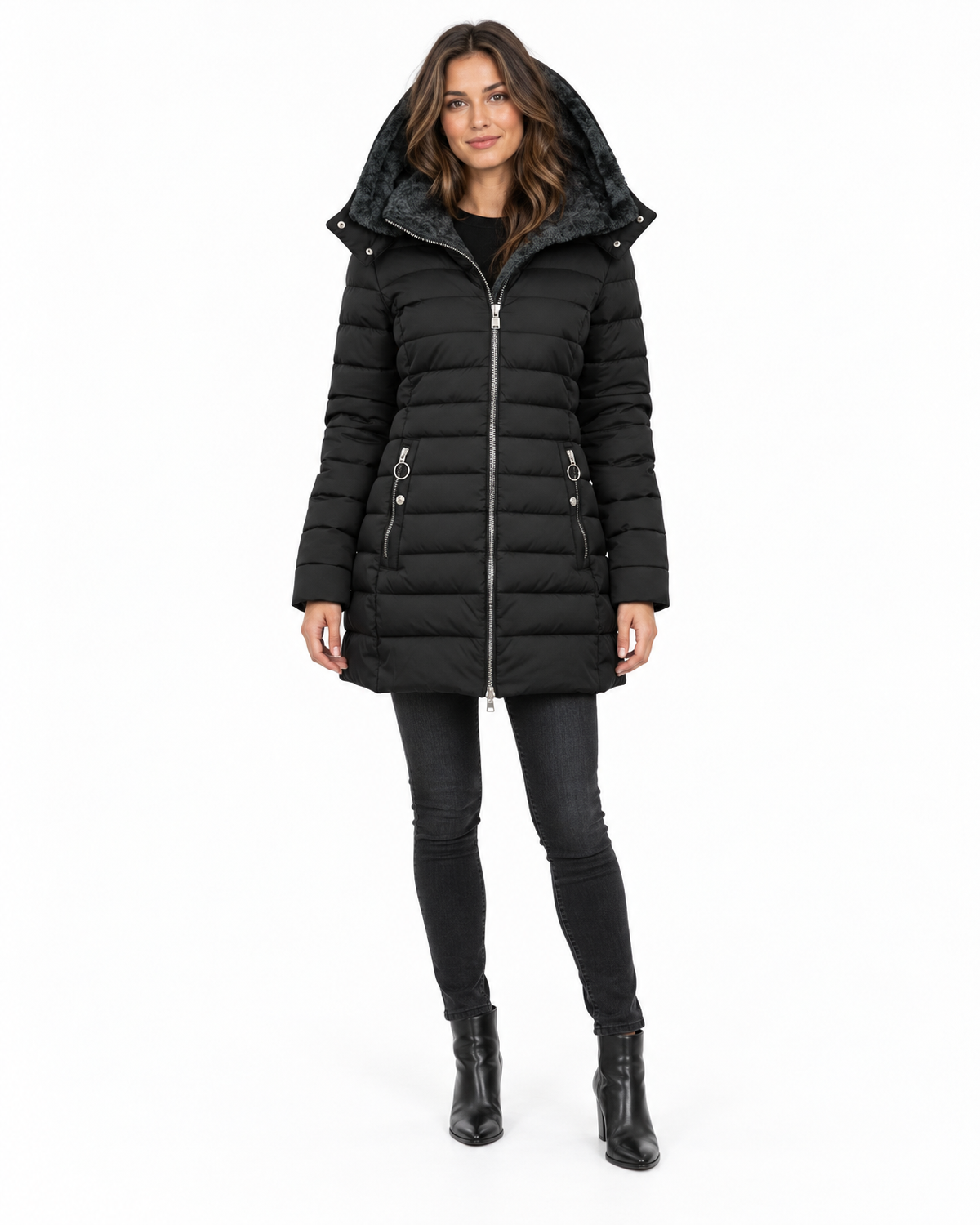 Henrietta Faux Fur Lined Puffer Coat for Women - Quilted Hooded Zip-Up in Black
