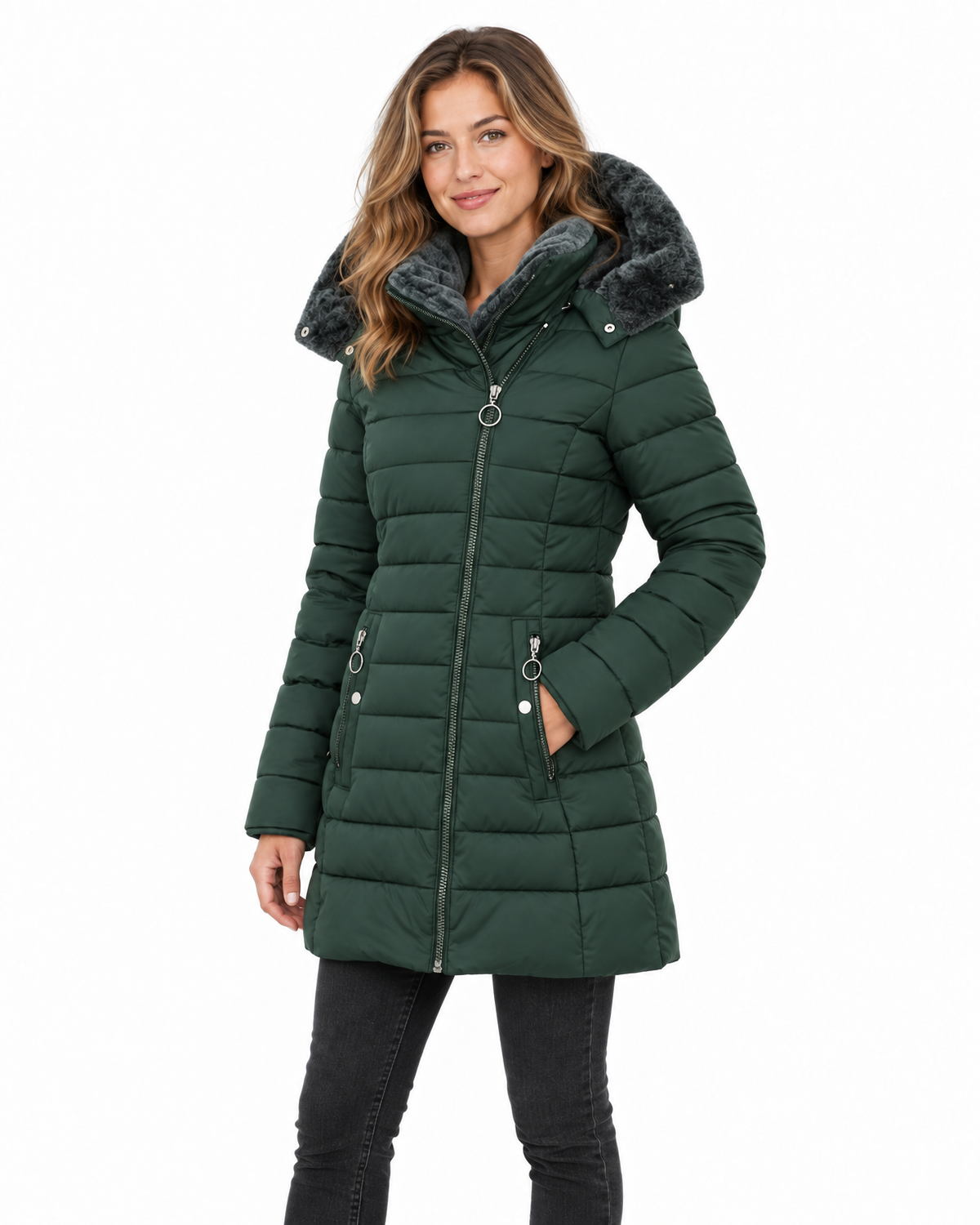 Henrietta Faux Fur Lined Puffer Coat for Women - Quilted Hooded Zip-Up additional view