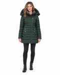 Henrietta Faux Fur Lined Puffer Coat for Women - Quilted Hooded Zip-Up in Dark Green