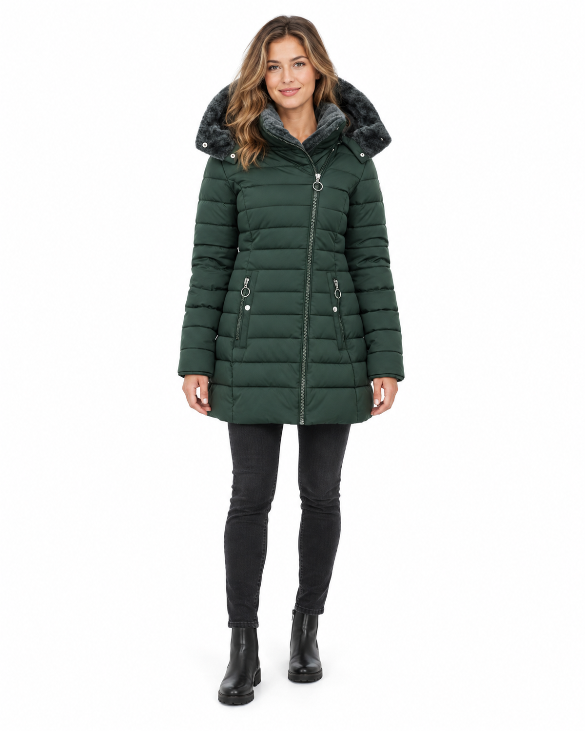 Henrietta Faux Fur Lined Puffer Coat for Women - Quilted Hooded Zip-Up in Dark Green