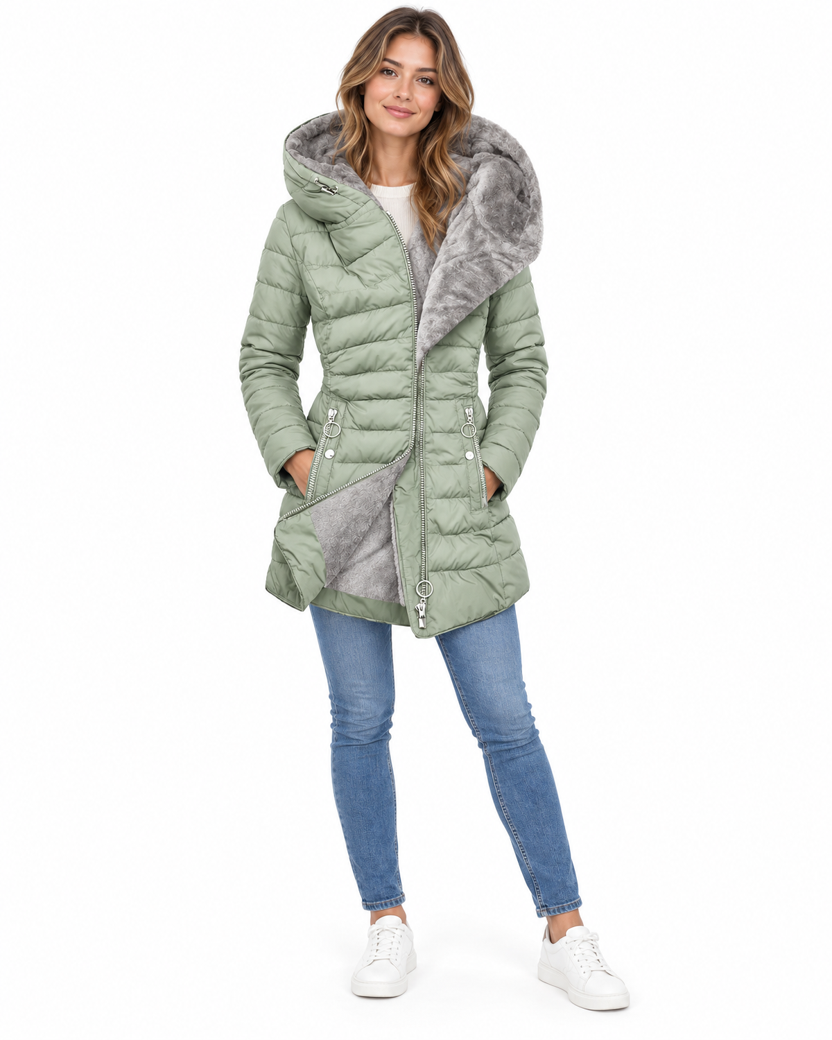 Henrietta Faux Fur Lined Puffer Coat for Women - Quilted Hooded Zip-Up in Light Green