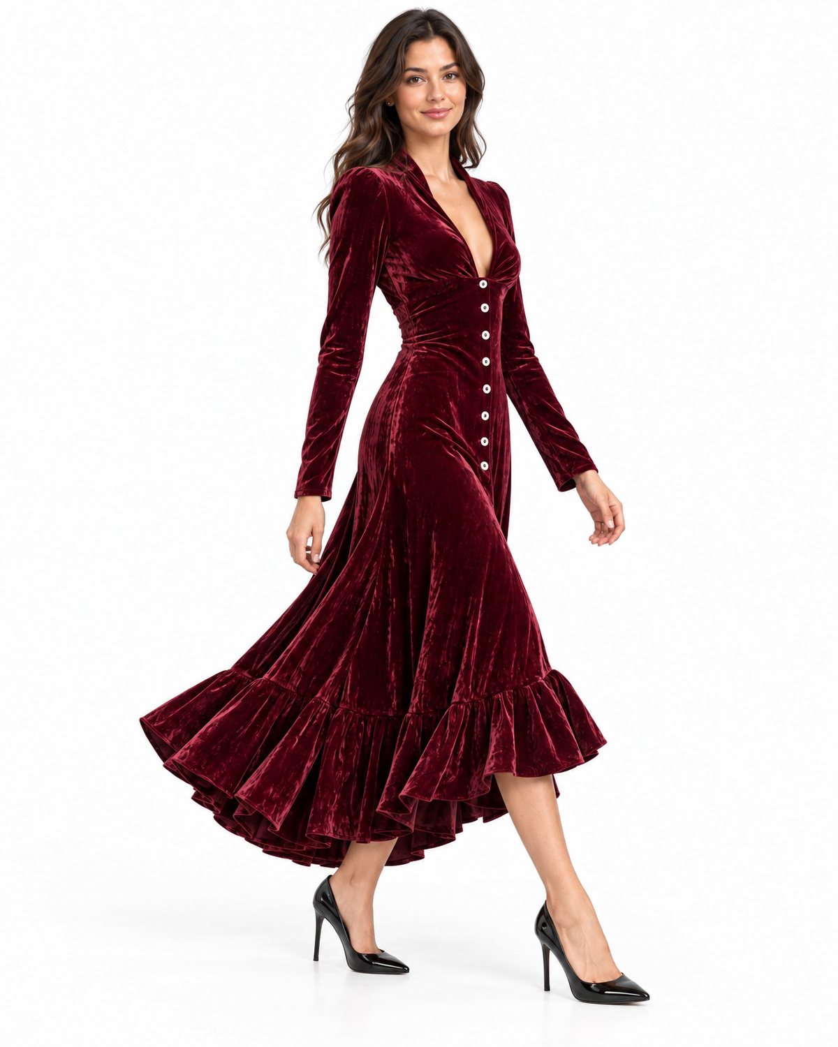 Isolde Velvet Midi Dress for Women - Button Front Ruffle High Low Hem additional view