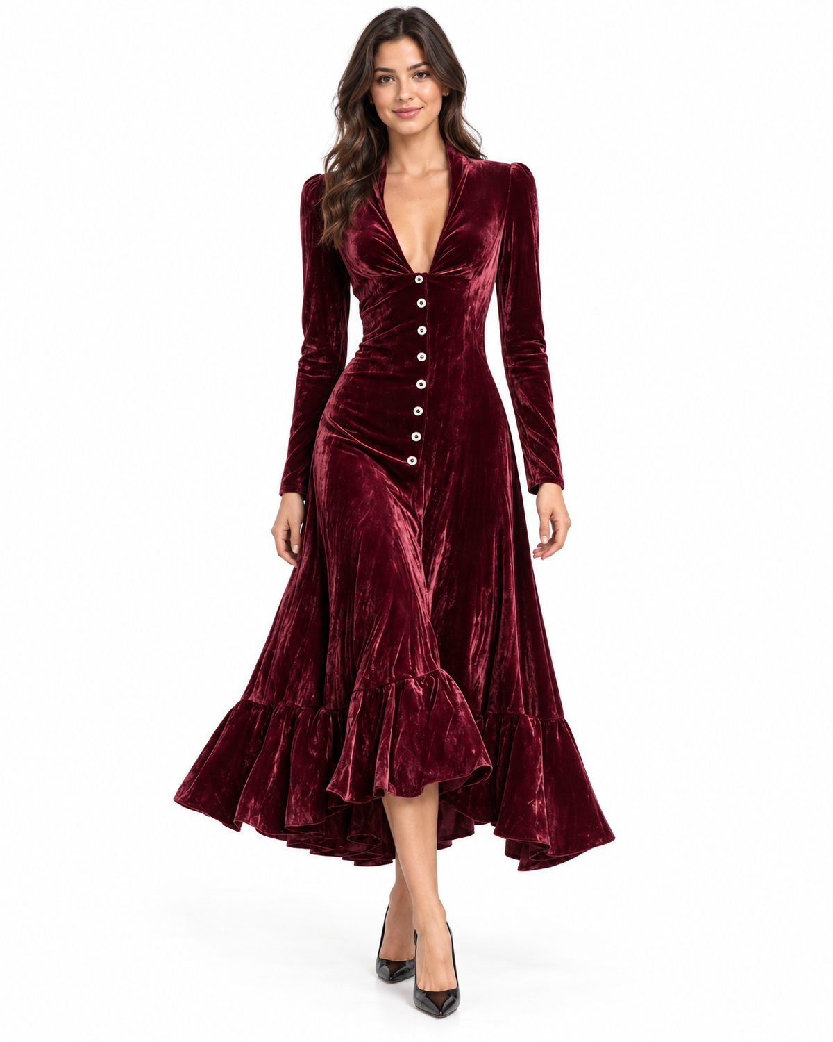 Isolde Velvet Midi Dress for Women - Button Front Ruffle High Low Hem in Burgundy