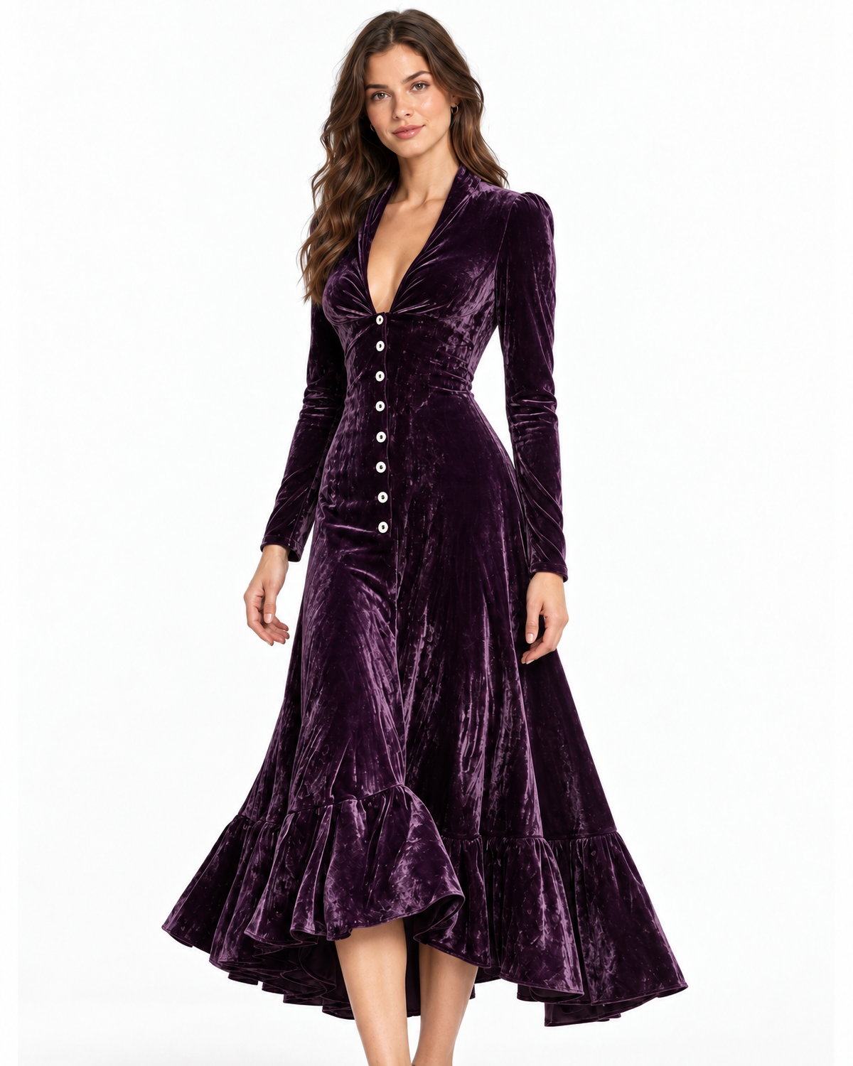 Isolde Velvet Midi Dress for Women - Button Front Ruffle High Low Hem additional view