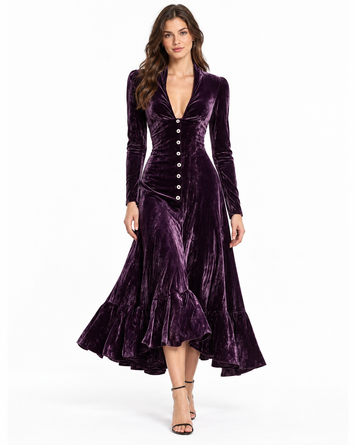 Isolde Velvet Midi Dress for Women - Button Front Ruffle High Low Hem in Dark Purple
