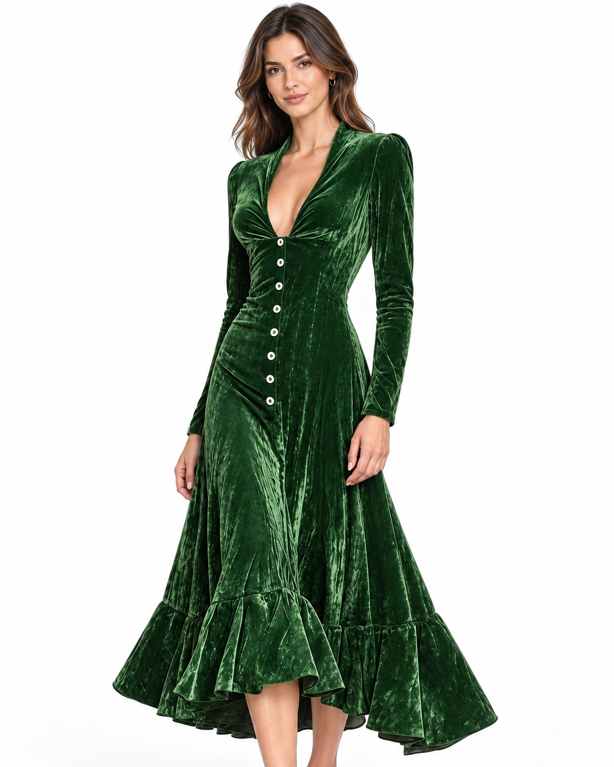 Isolde Velvet Midi Dress for Women - Button Front Ruffle High Low Hem additional view