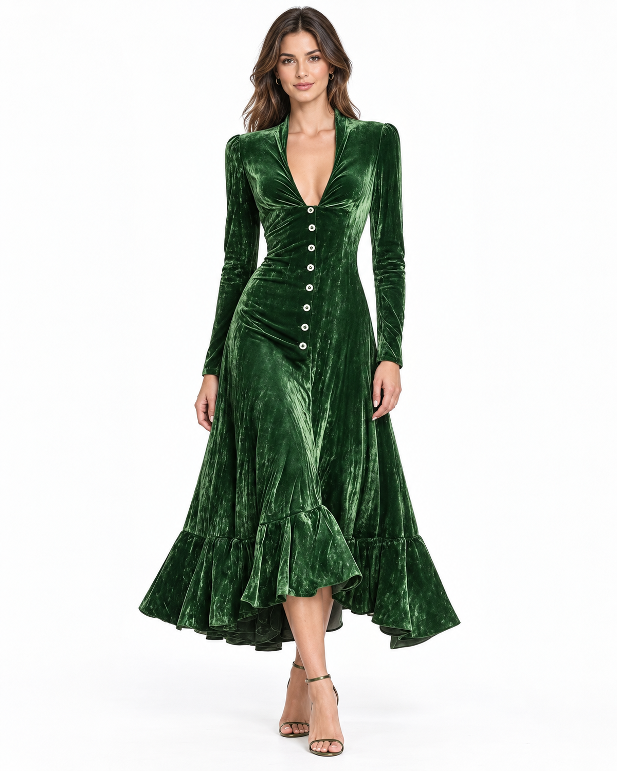 Isolde Velvet Midi Dress for Women - Button Front Ruffle High Low Hem in Green